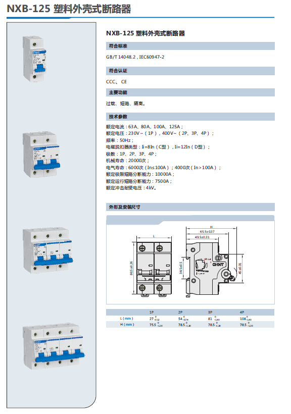 NXB-125小型斷路器選型手冊